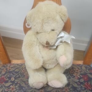Cream Teddy Bear with White Ribbon